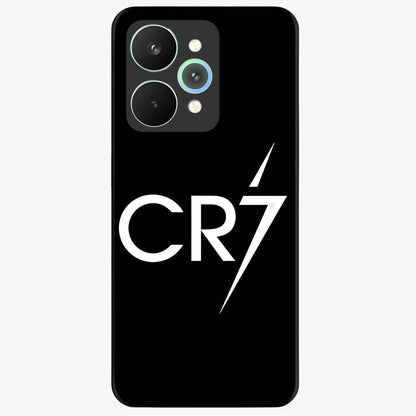 Cr7 Elite Strike Glass Case showing flat back view with dynamic football inspired artwork and glossy glass finish.