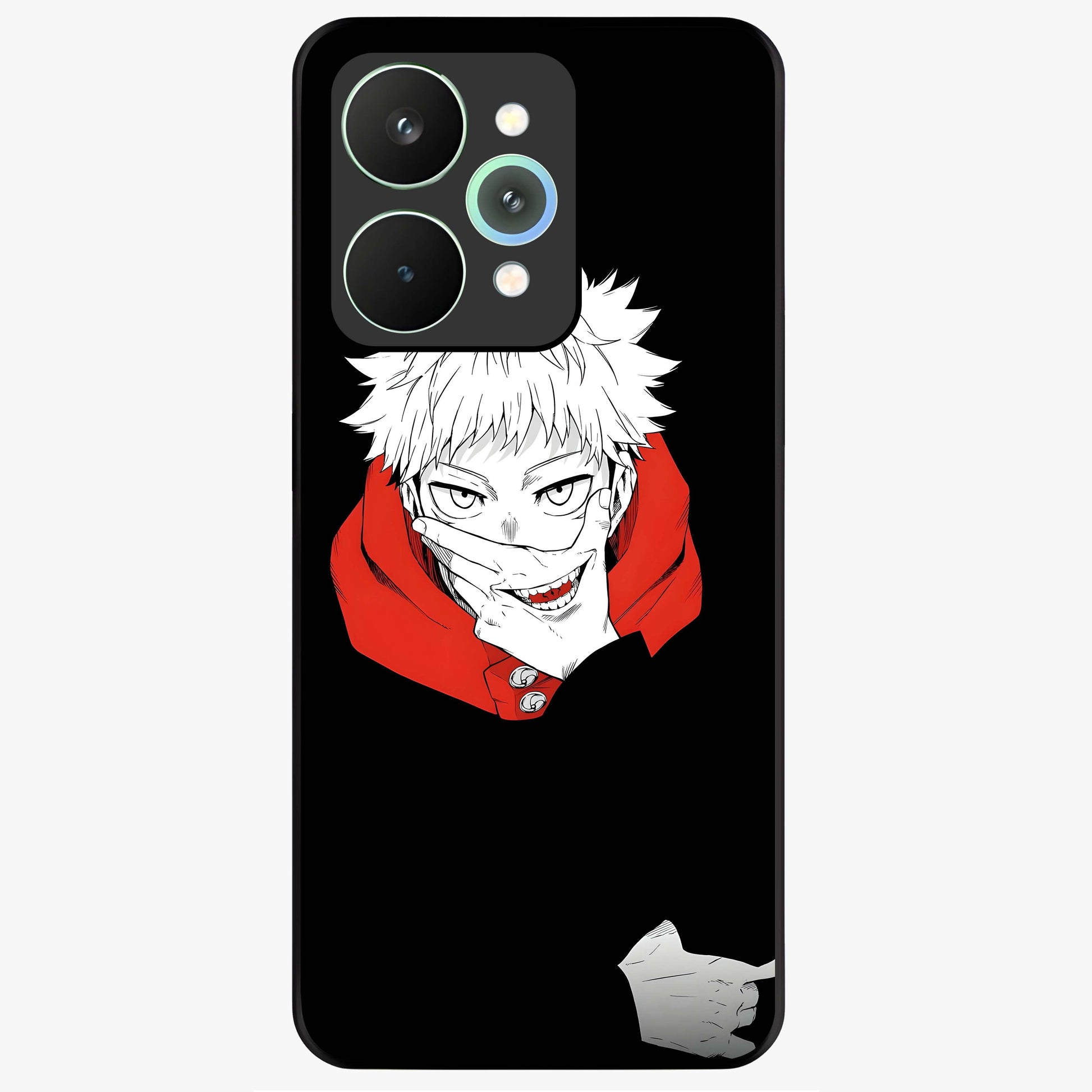 Crimson Chaos Smile Glass Case showing flat back view with bold chaotic smile artwork and glossy glass finish.
