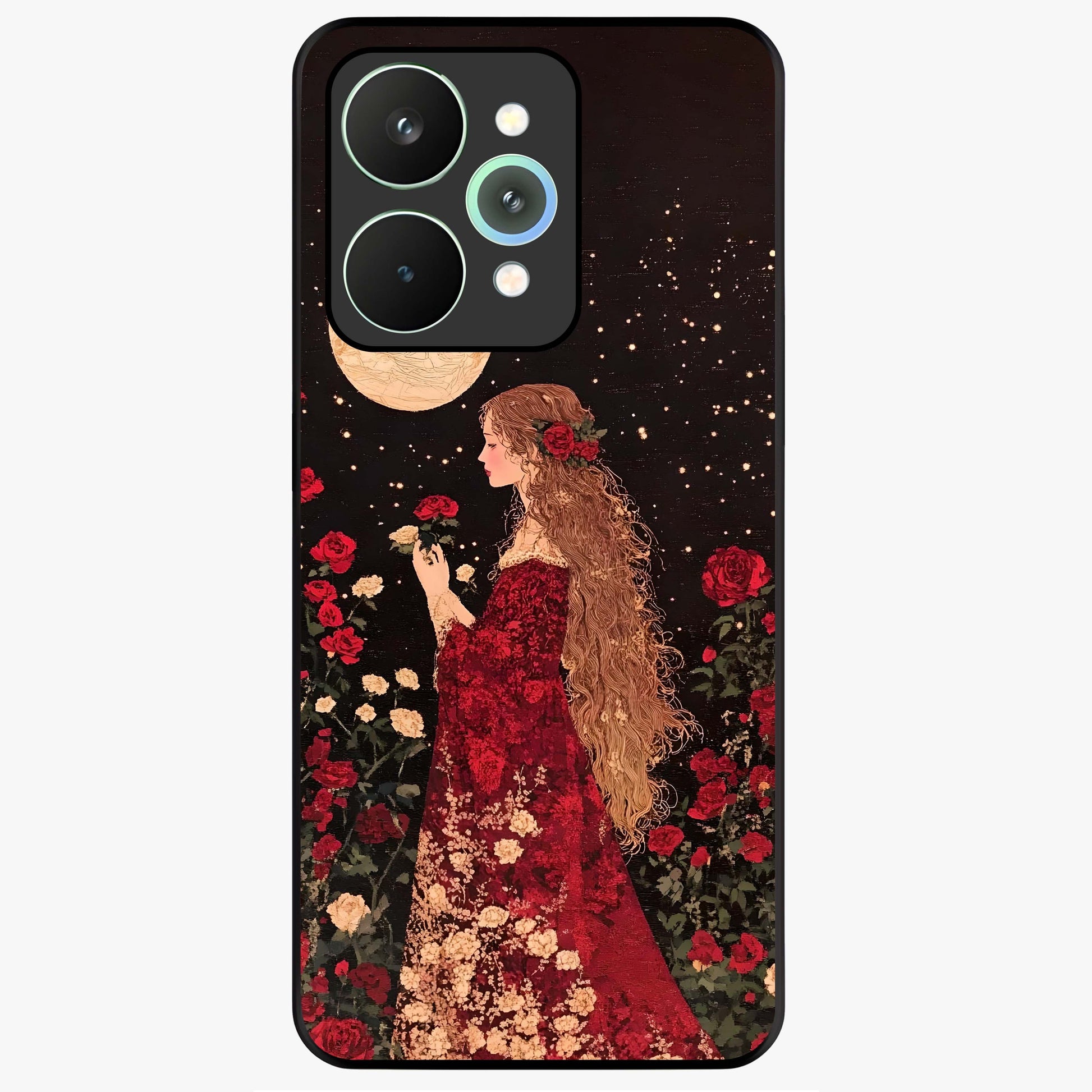 Crimson Dreams Glass Case showing flat back view with dreamy crimson artwork and glossy glass finish.
