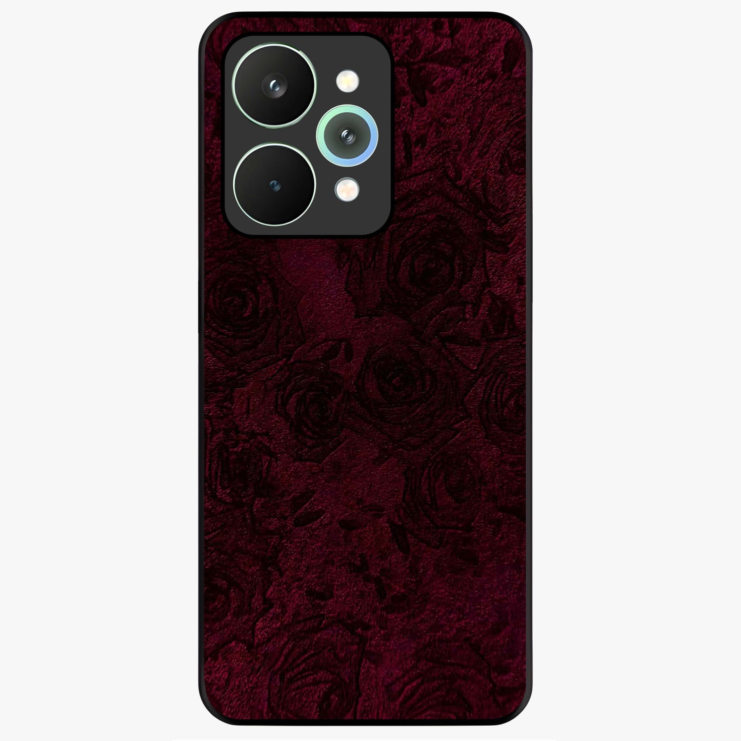 Crimson Fade Flow Glass Case showing flat back view with flowing crimson gradient artwork and glossy glass finish.