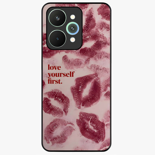 Crimson Kiss Love Glass Case showing flat back view with romantic crimson themed artwork and glossy glass finish.