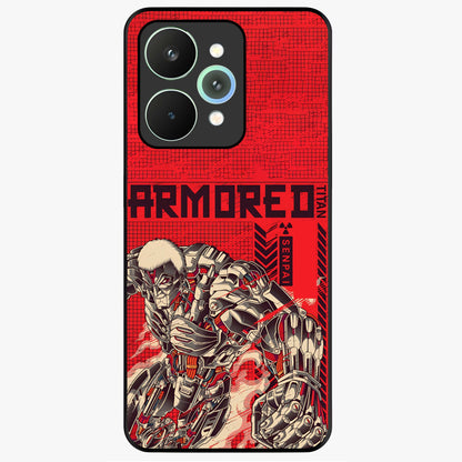 Crimson Mecha Titan Glass Case showing flat back view with powerful mech titan artwork and glossy glass finish.