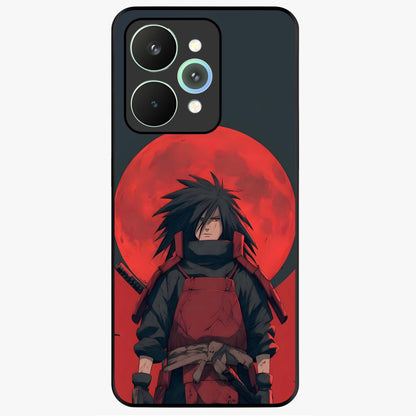 Crimson Moon Warlord Glass Case showing flat back view with mystical moon warrior artwork and glossy glass finish.