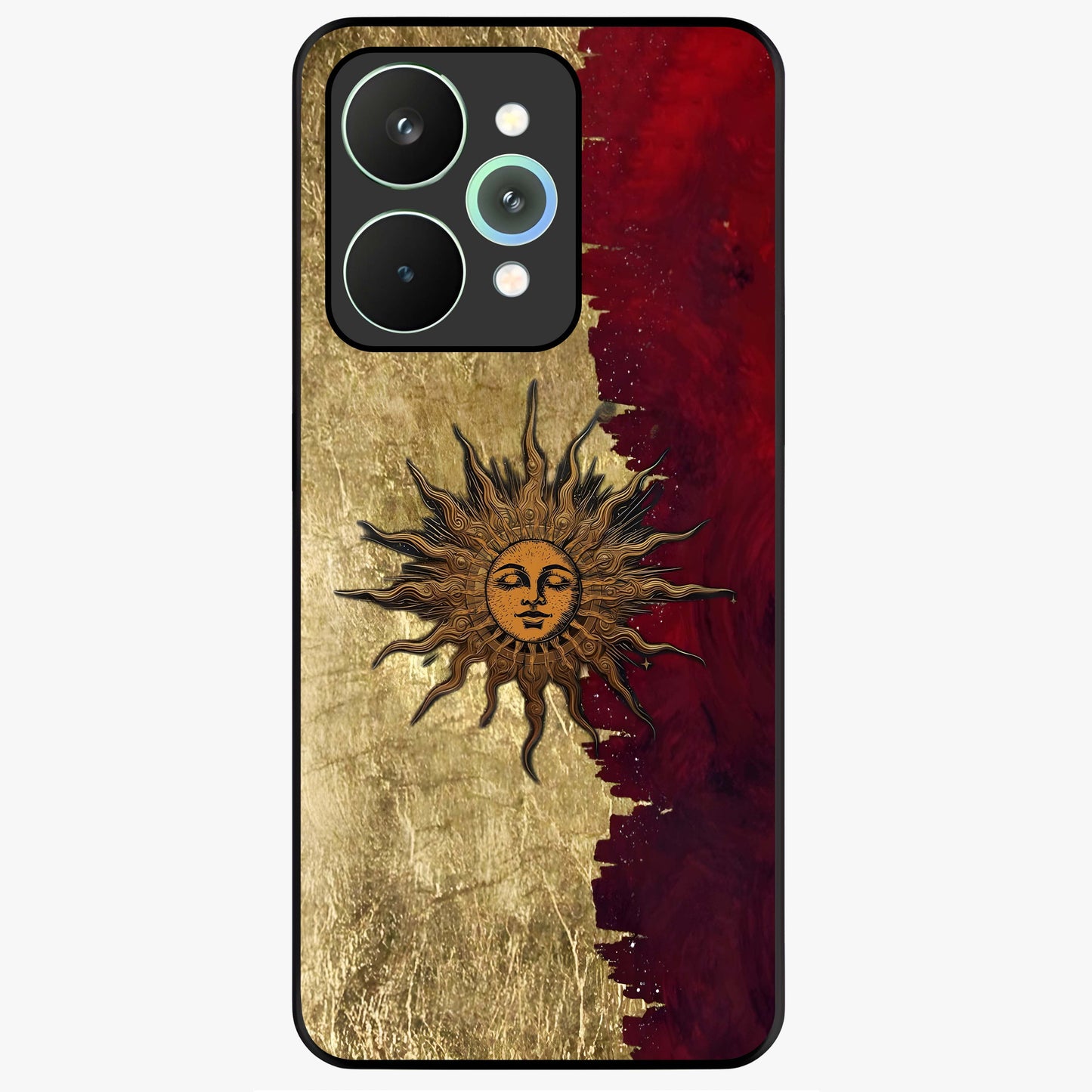 Crimson Sun Majesty Glass Case showing flat back view with radiant sun inspired artwork and glossy glass finish.