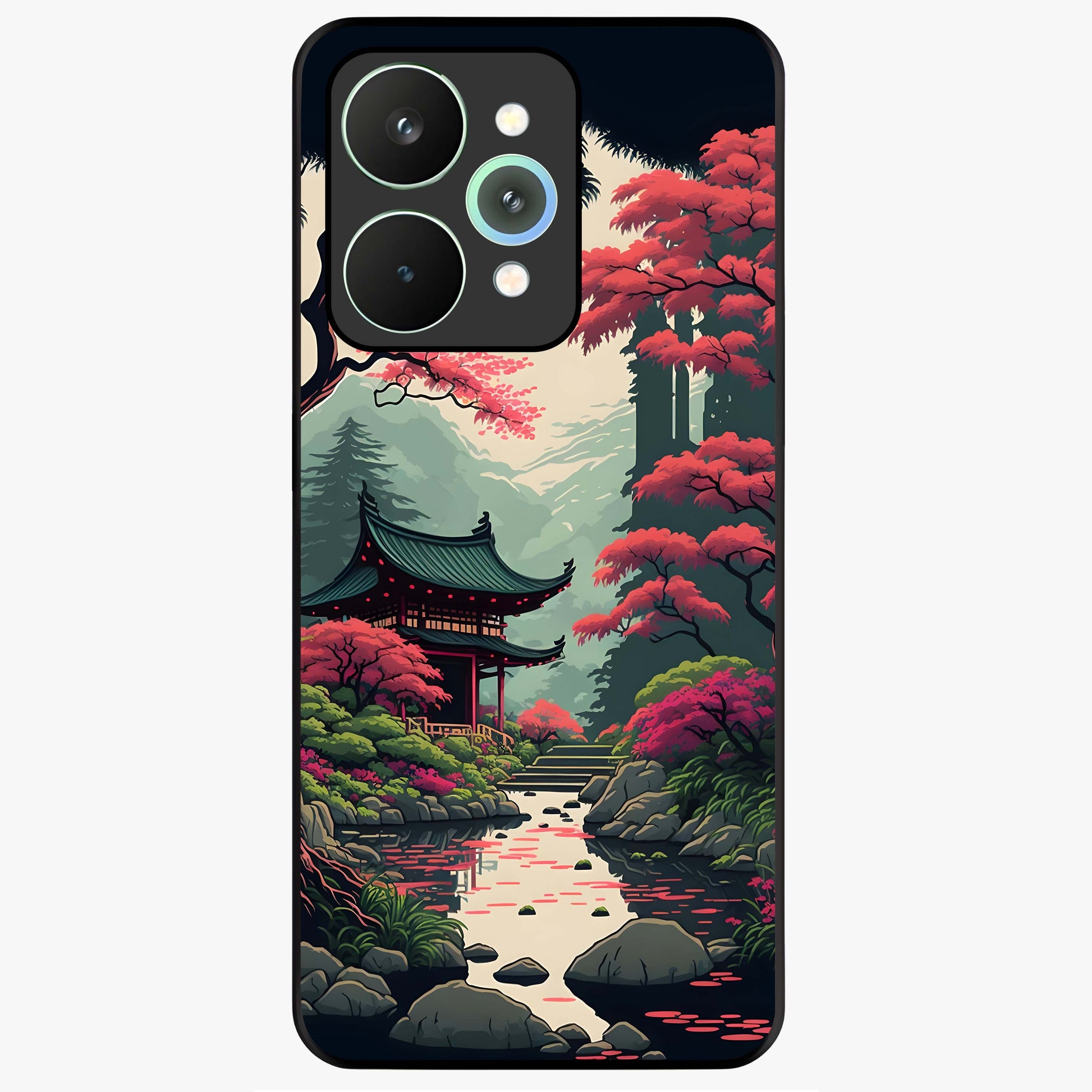 Crimson Temple View Glass Case showing flat back view with temple inspired artwork and glossy glass finish.