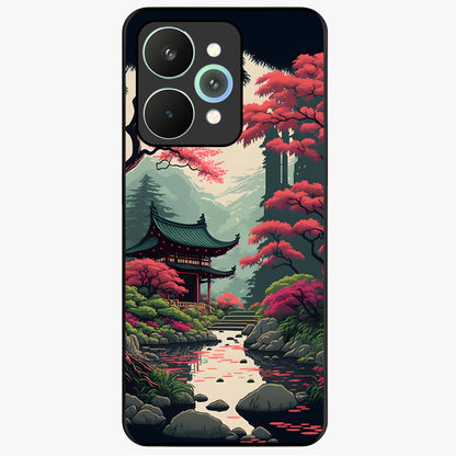 Crimson Temple View Glass Case showing flat back view with temple inspired artwork and glossy glass finish.