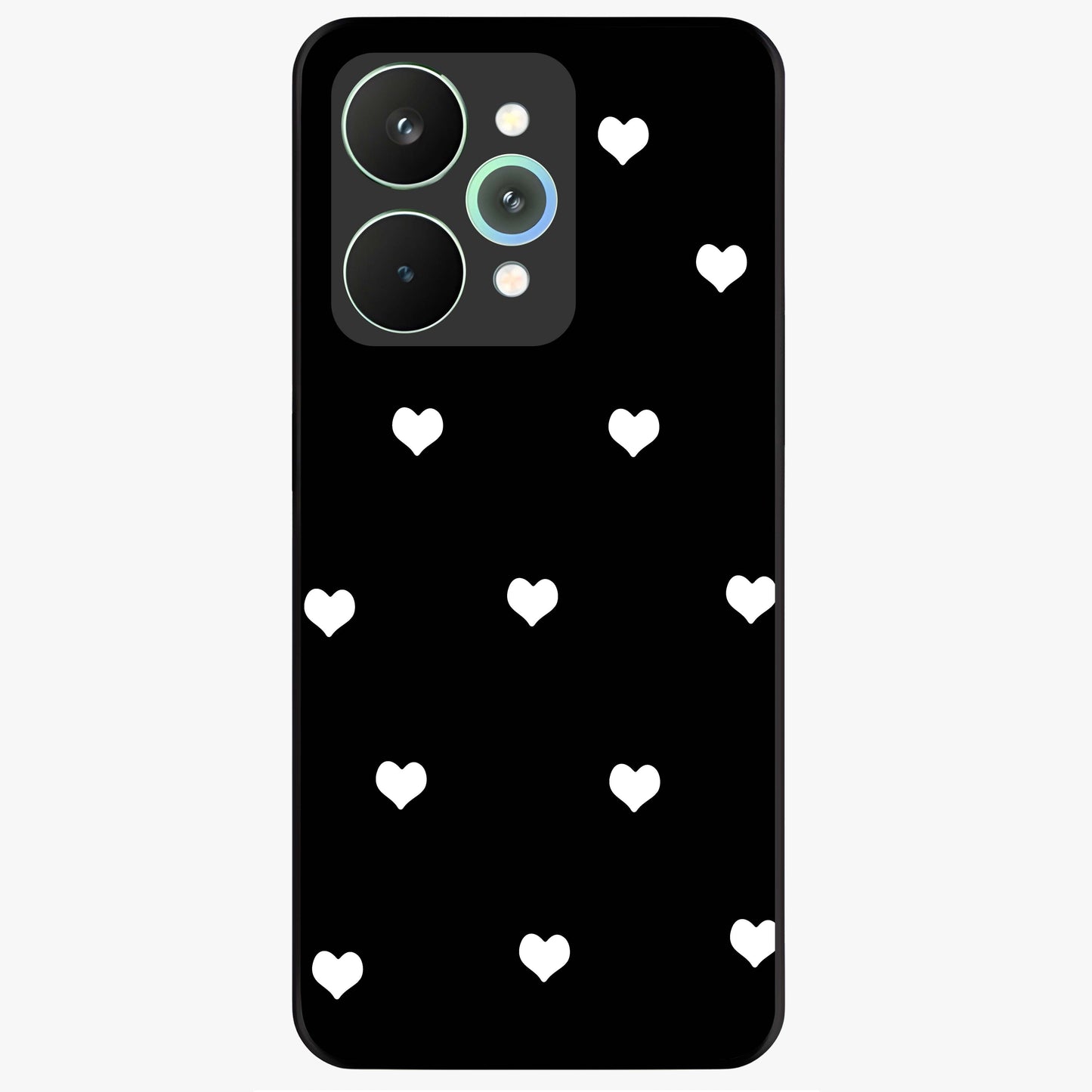 Cute And Simple White Hearts Glass Case showing flat back view with minimal white heart pattern and glossy glass finish.