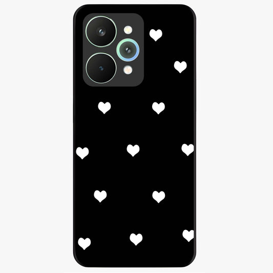 Cute And Simple White Hearts Glass Case showing flat back view with minimal white heart pattern and glossy glass finish.