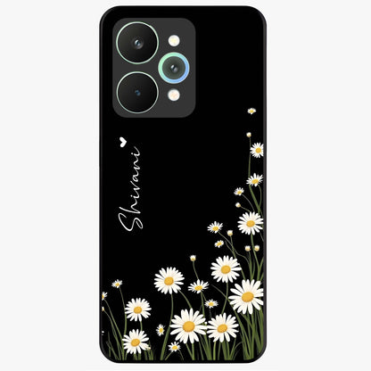Daisy Cascade Custom Name Glass Case showing flat back view with cascading daisy flowers and personalized name design.