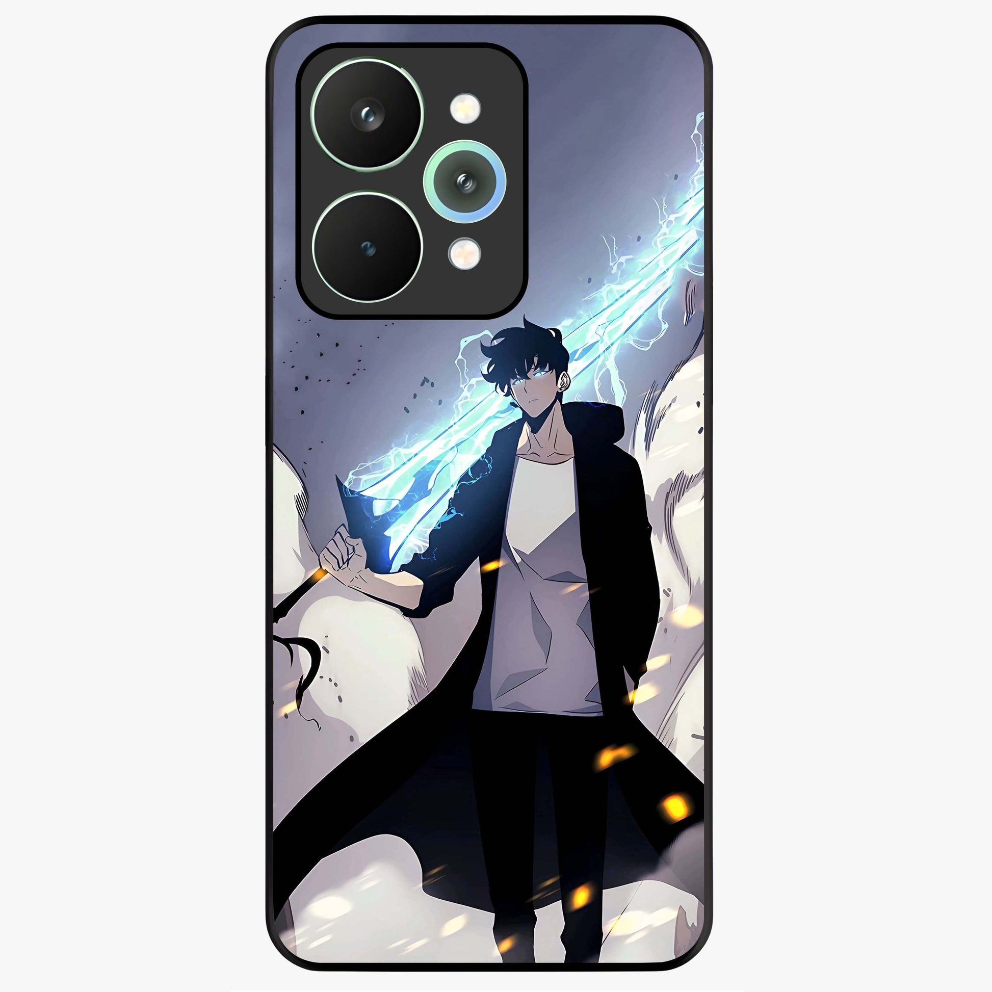 Dark Lightning Anime Warrior Glass Case showing flat back view with intense anime warrior artwork and glossy glass finish.
