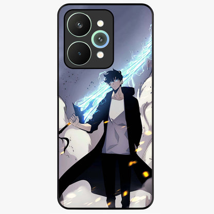Dark Lightning Anime Warrior Glass Case showing flat back view with intense anime warrior artwork and glossy glass finish.