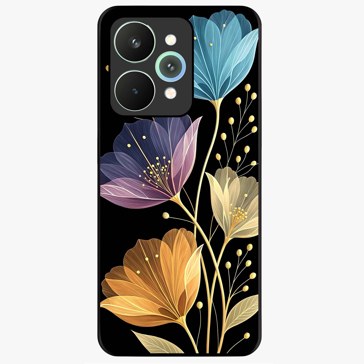Delicate Multicolor Flowers Glass Case showing flat back view with vibrant floral artwork and glossy glass finish.