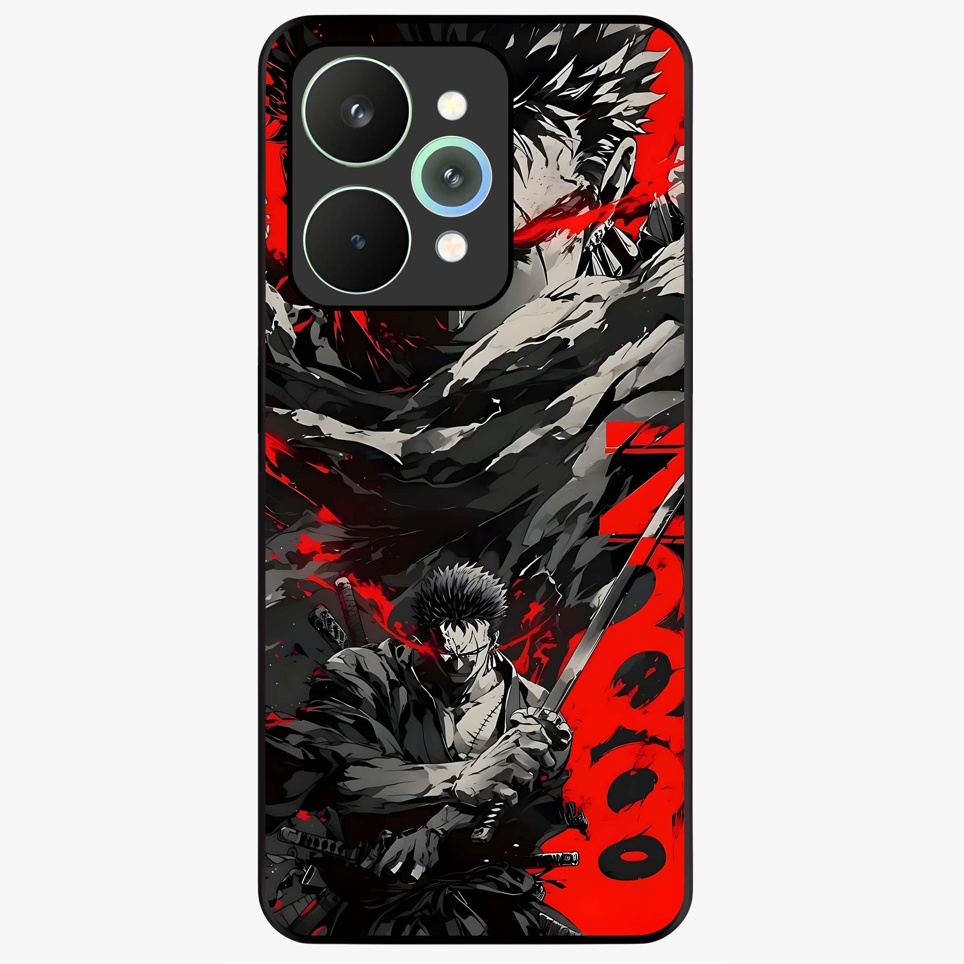 Demon Sword Resolve Glass Case showing flat back view with fierce sword warrior artwork and glossy glass finish.