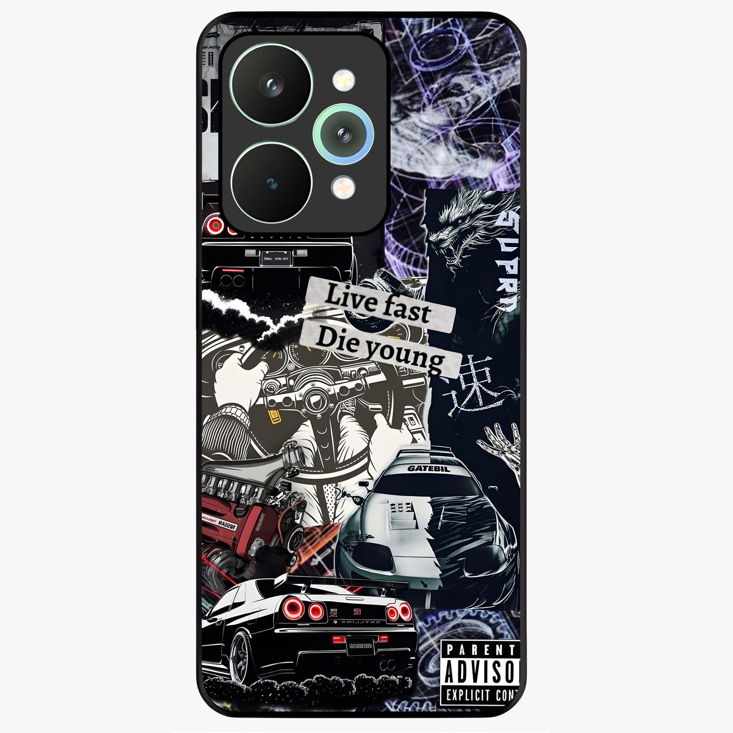 Die Young Glass Case showing flat back view with bold artistic typography design and glossy glass finish.