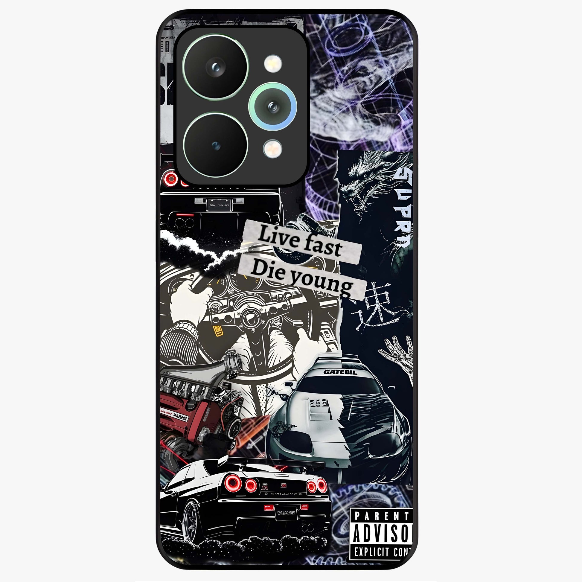 Die Young Glass Case showing flat back view with bold artistic typography design and glossy glass finish.