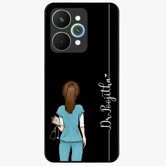 Doctor Pattern Custom Name Glass Case showing flat back view with medical themed pattern and personalized name design.