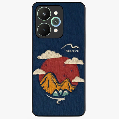 Dream Beyond Mountains Glass Case showing flat back view with scenic mountain landscape artwork and glossy glass finish.