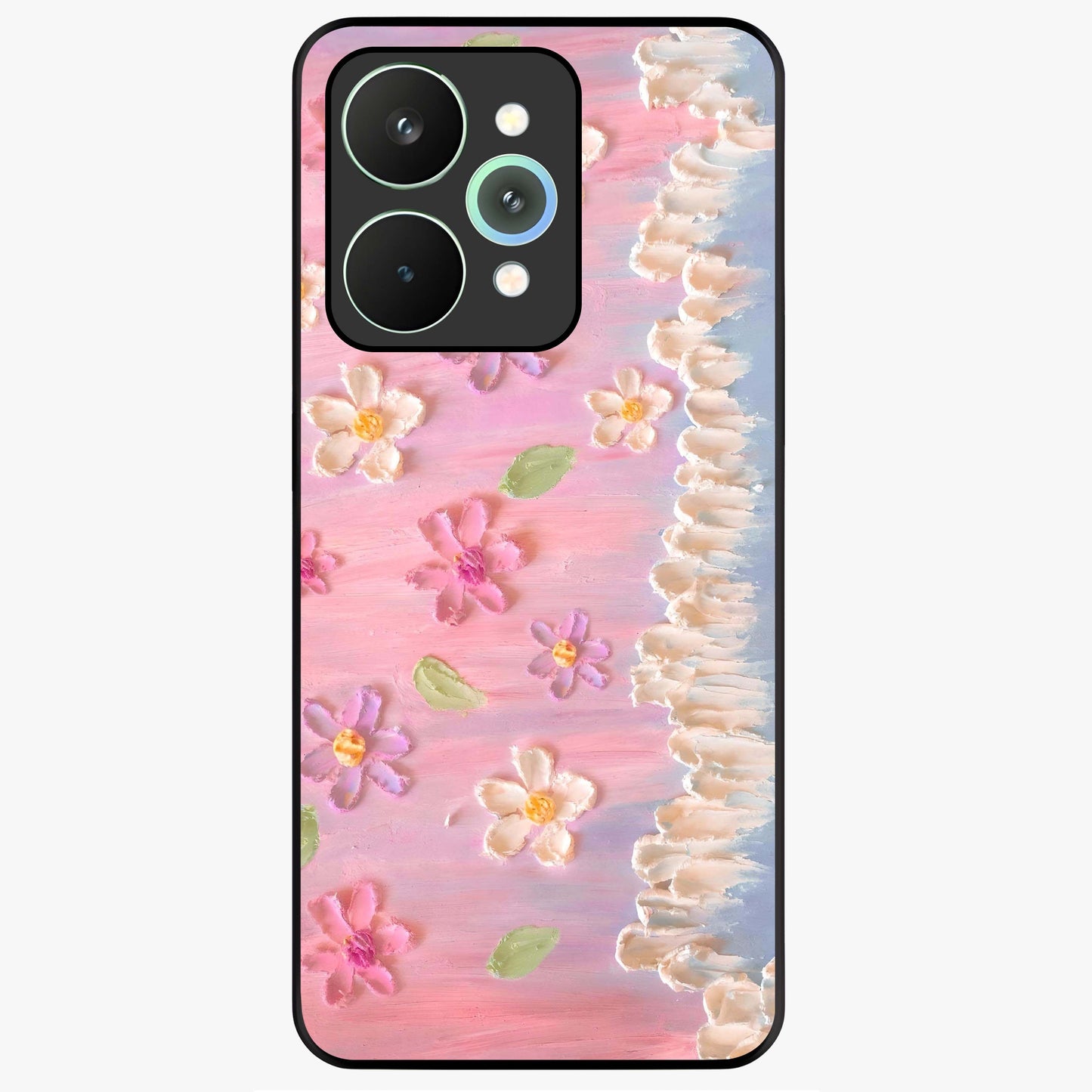 Dreamy Painted Garden Glass Case showing flat back view with artistic painted floral garden artwork and glossy glass finish.