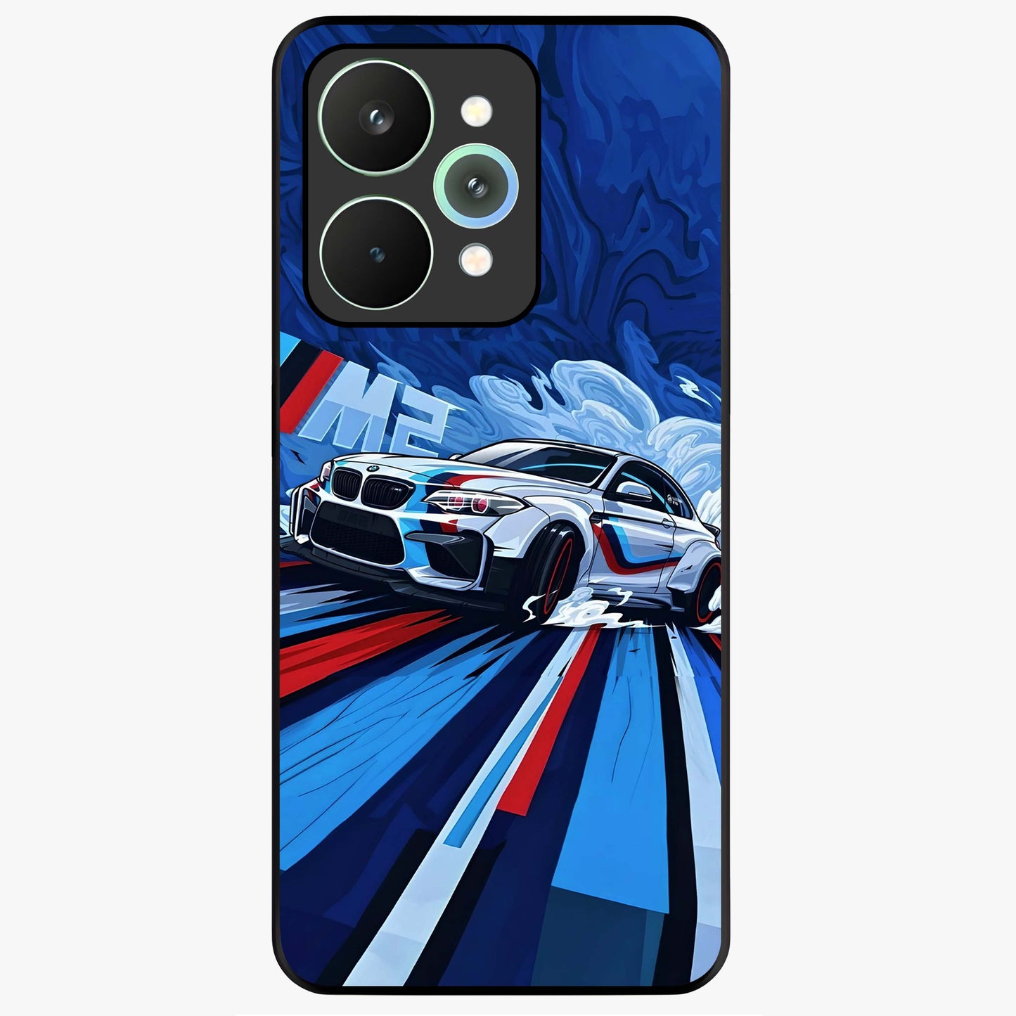 Drift Power Rush Glass Case showing flat back view with dynamic racing inspired artwork and glossy glass finish.