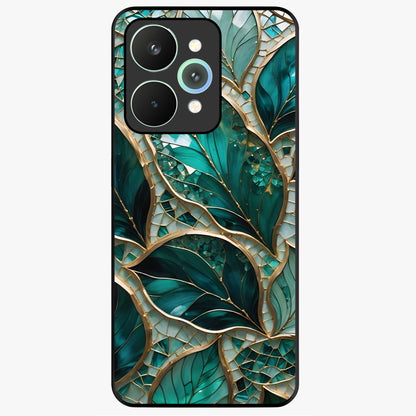 Emerald Leaf Glass Glass Case showing flat back view with emerald green leaf artwork and glossy glass finish.