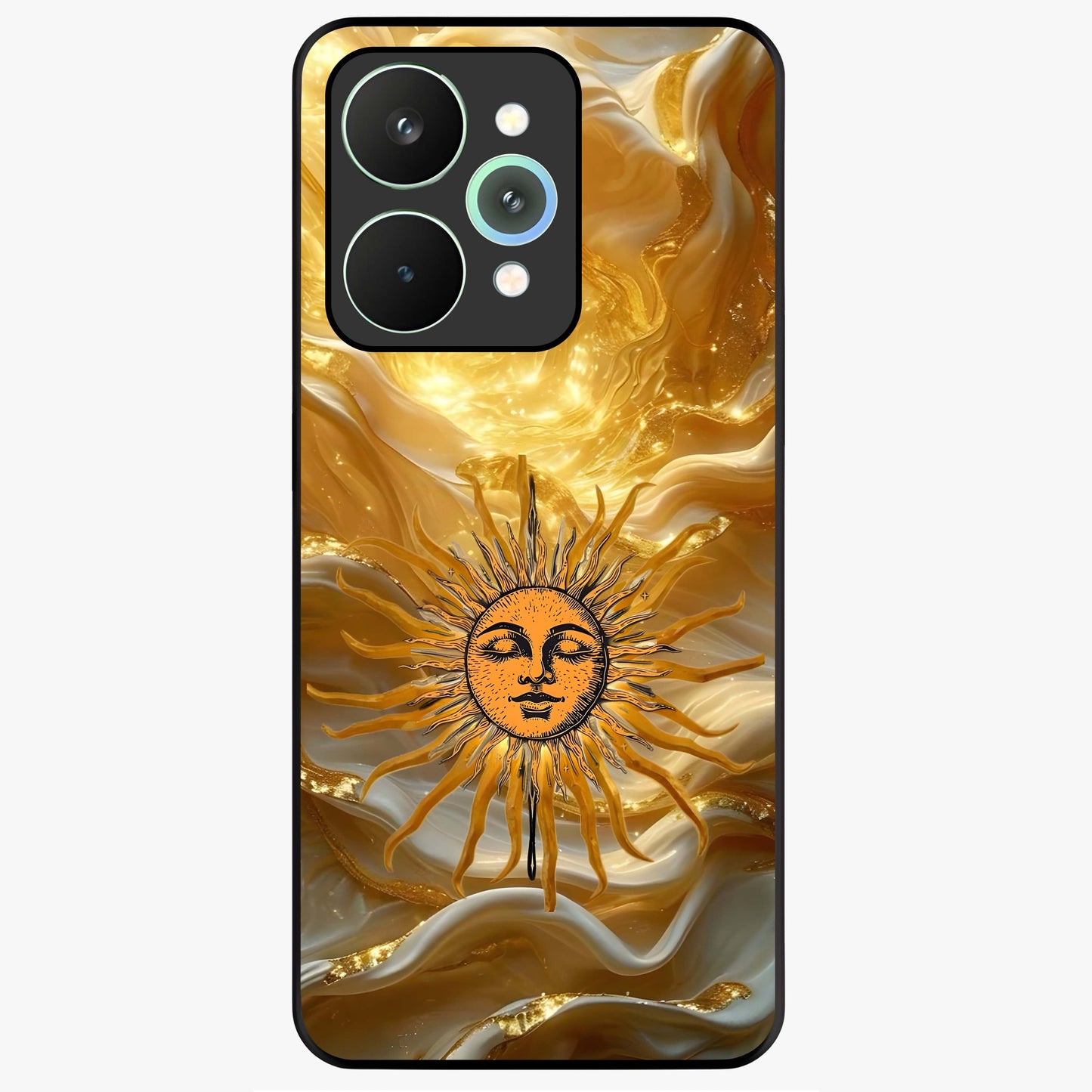 Eternal Golden Glow Glass Case showing flat back view with radiant golden themed artwork and glossy glass finish.