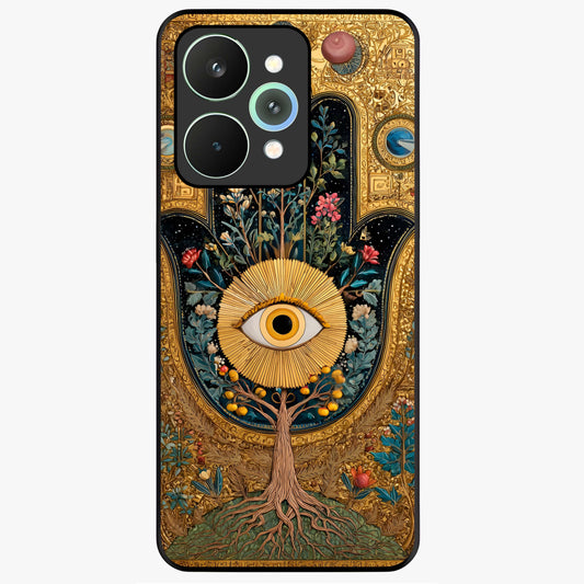 Ethereal Evil Eye Glass Case showing flat back view with mystical evil eye artwork and glossy glass finish.