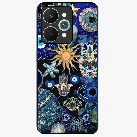 Evil Eye Charm Mix Glass Case showing flat back view with multiple evil eye charms artwork and glossy glass finish.