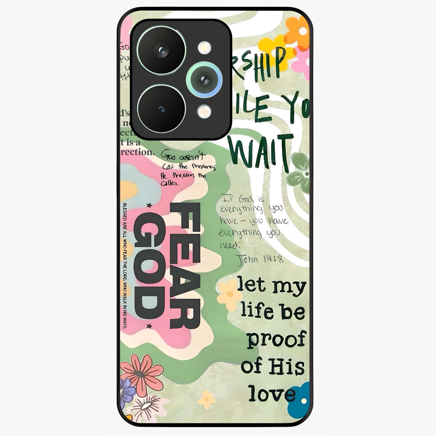 Faith Over Fear Glass Case showing flat back view with motivational typography artwork and glossy glass finish.