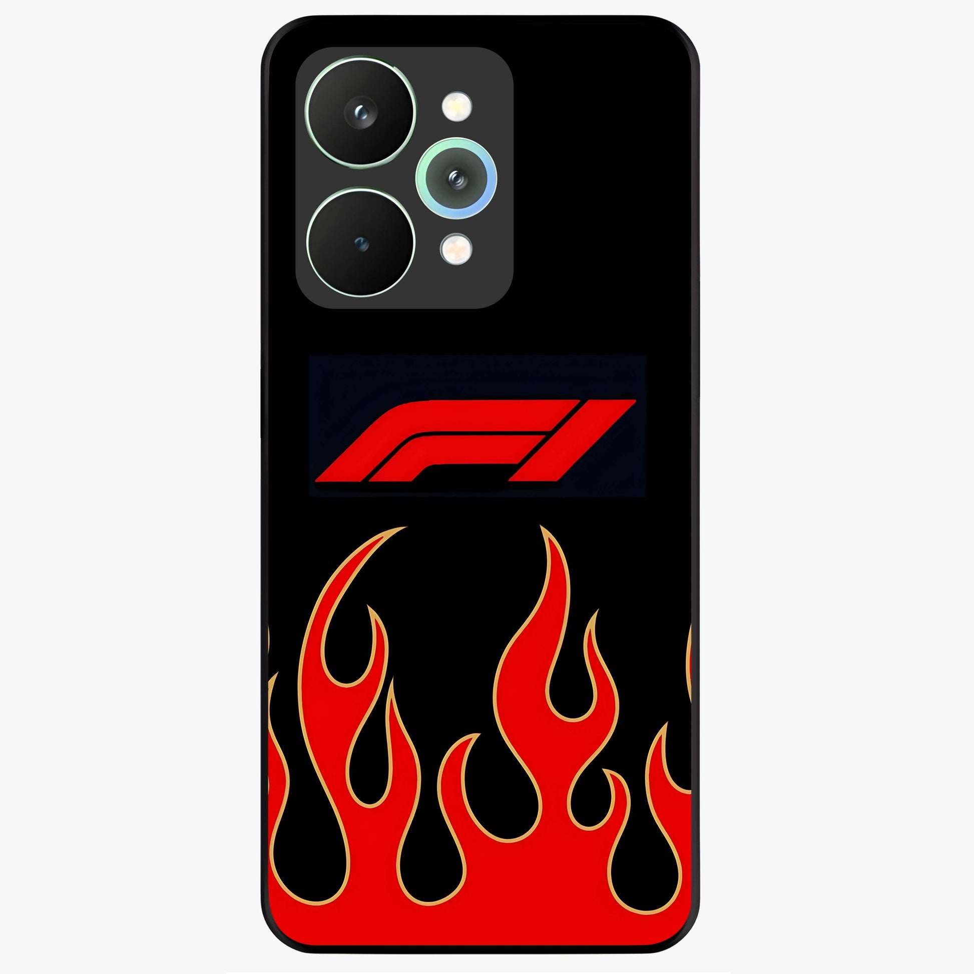 Fire F11 Glass Case showing flat back view with fiery themed artwork and glossy glass finish.
