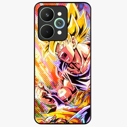 Firing Goku Glass Case showing flat back view with powerful anime inspired artwork and glossy glass finish.