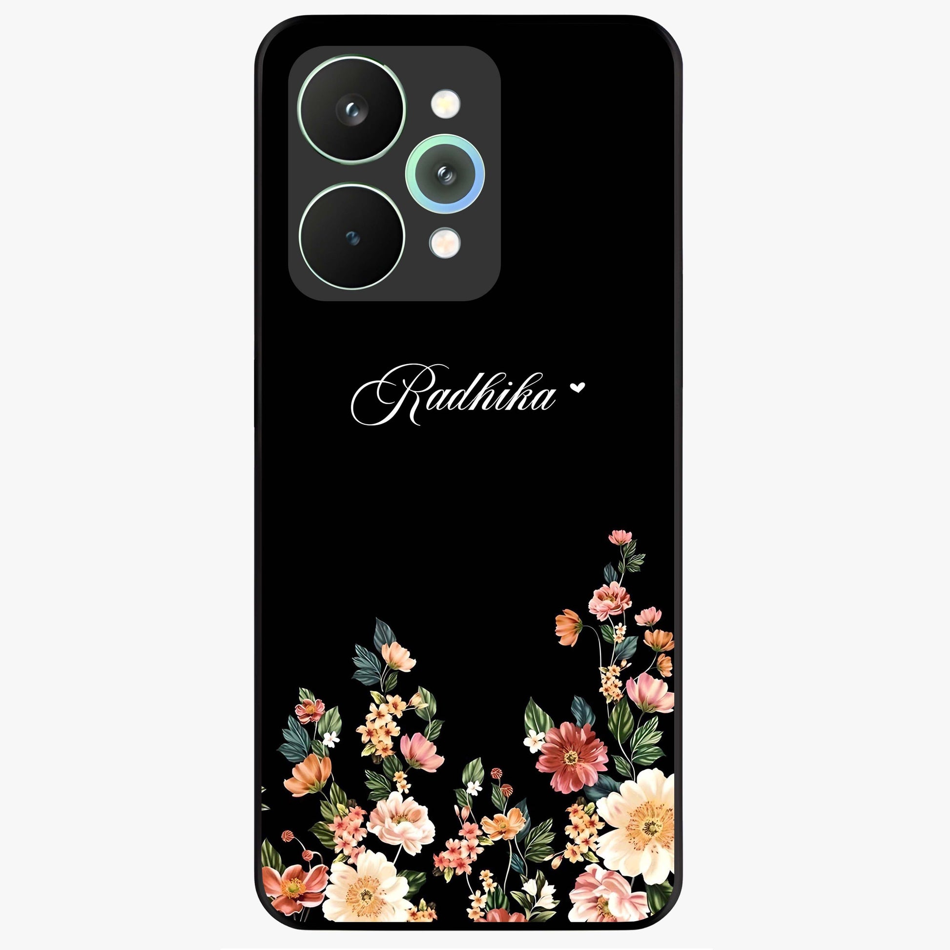 Floral Design With a Custom Personalized Name Glass Case showing flat back view with floral artwork and personalized name design.