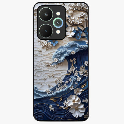 Floral Wave Origami Glass Case showing flat back view with origami inspired floral wave artwork and glossy glass finish.