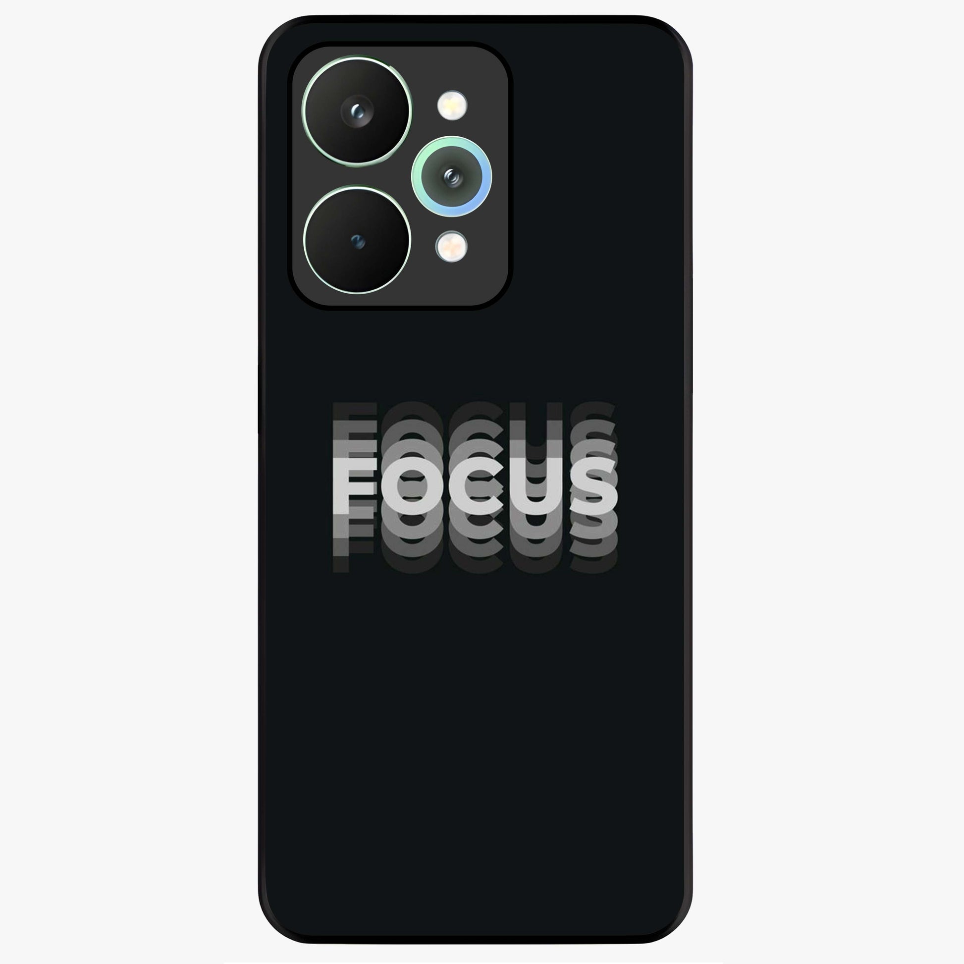 Focus Mode On Glass Case showing flat back view with bold motivational typography design and glossy glass finish.