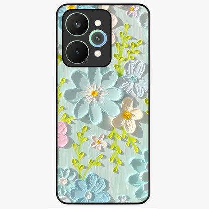 Frosted Petal Garden Glass Case showing flat back view with soft frosted floral artwork and glossy glass finish.