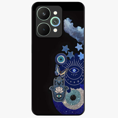 Galactic Charm Cluster Glass Case showing flat back view with glowing celestial charm artwork and glossy glass finish.