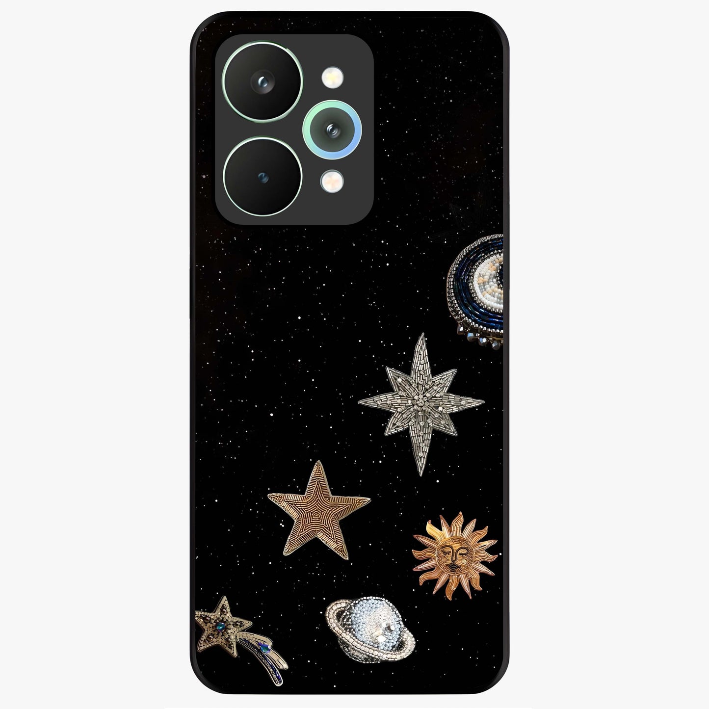 Galactic Charm Glow Glass Case showing flat back view with glowing celestial charm artwork and glossy glass finish.