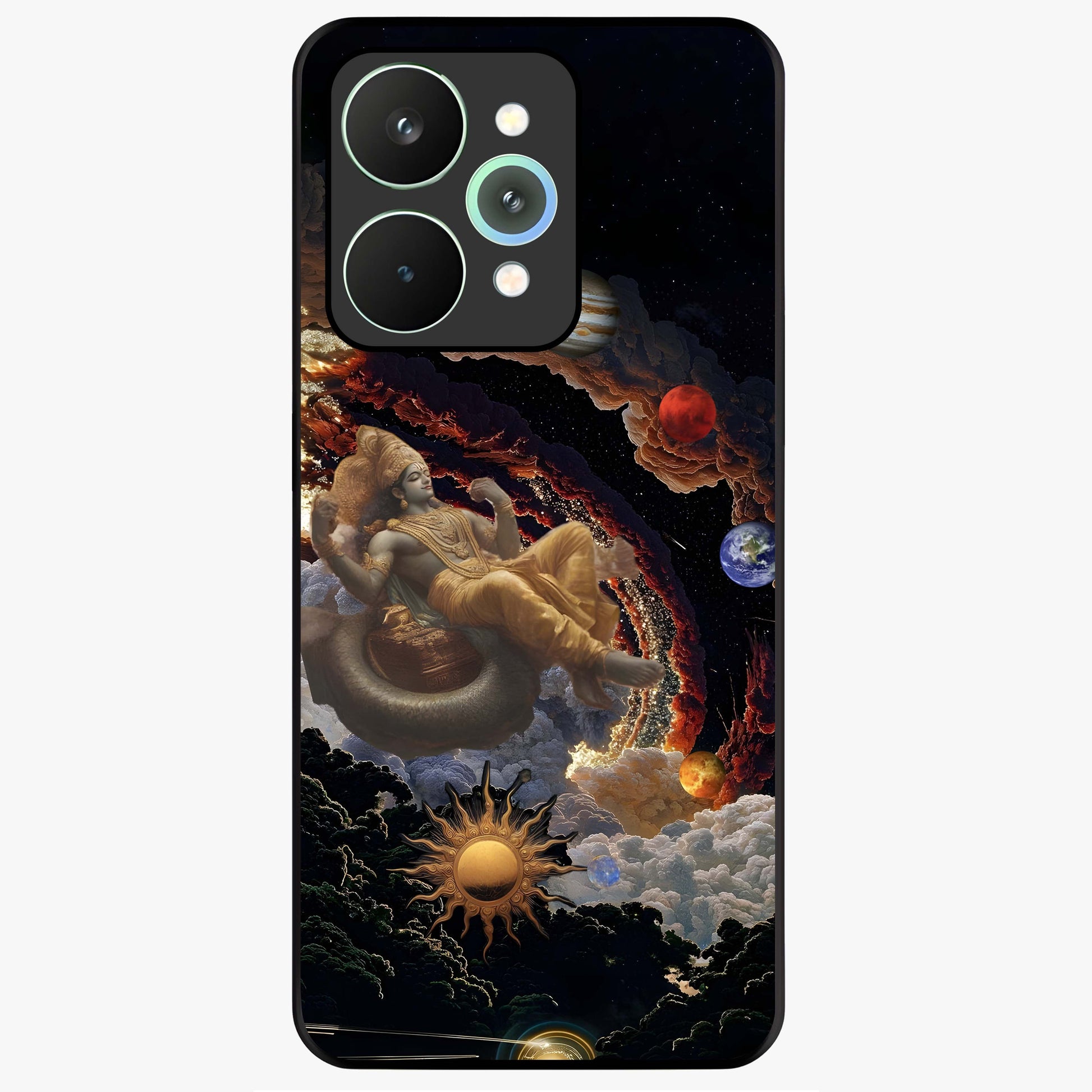 Galactic Divine God Glass Case showing flat back view with divine cosmic themed artwork and glossy glass finish.