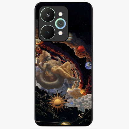 Galactic Divine God Glass Case showing flat back view with divine cosmic themed artwork and glossy glass finish.