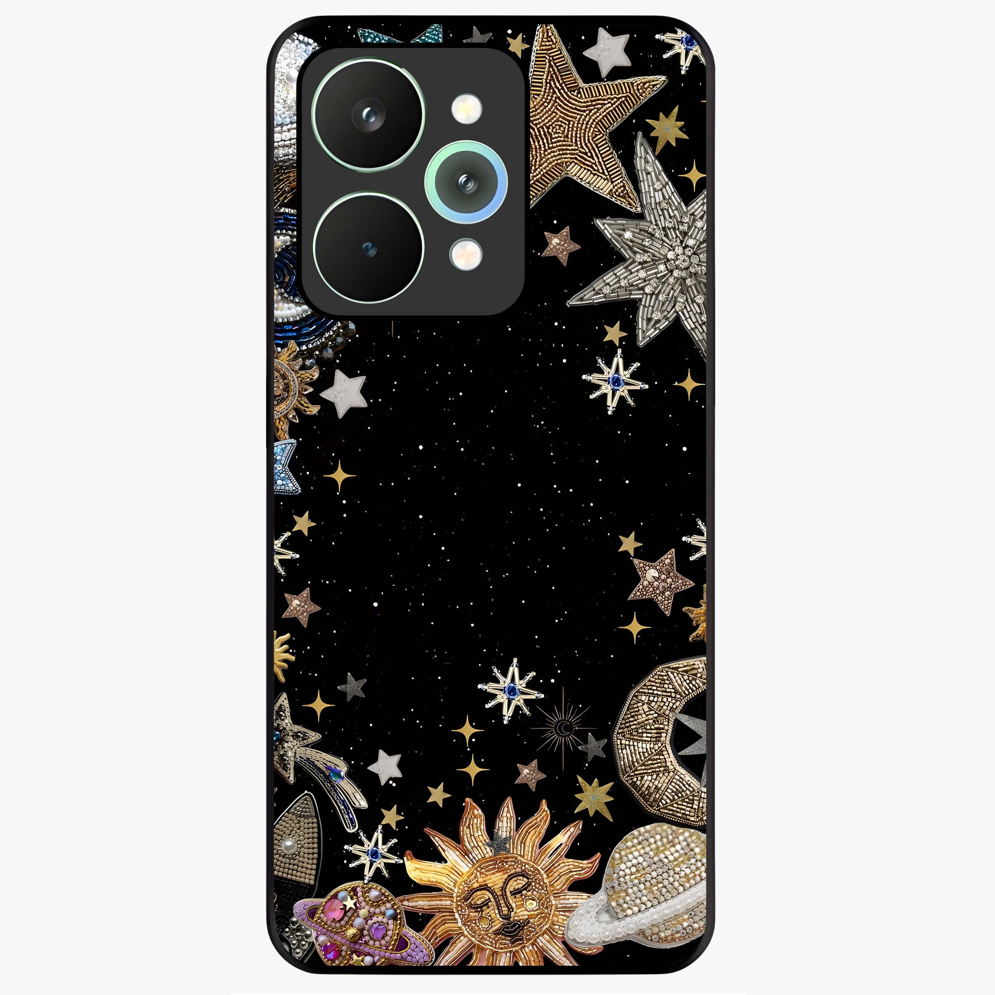Galactic Jewel Stars Glass Case showing flat back view with sparkling star jewel artwork and glossy glass finish.