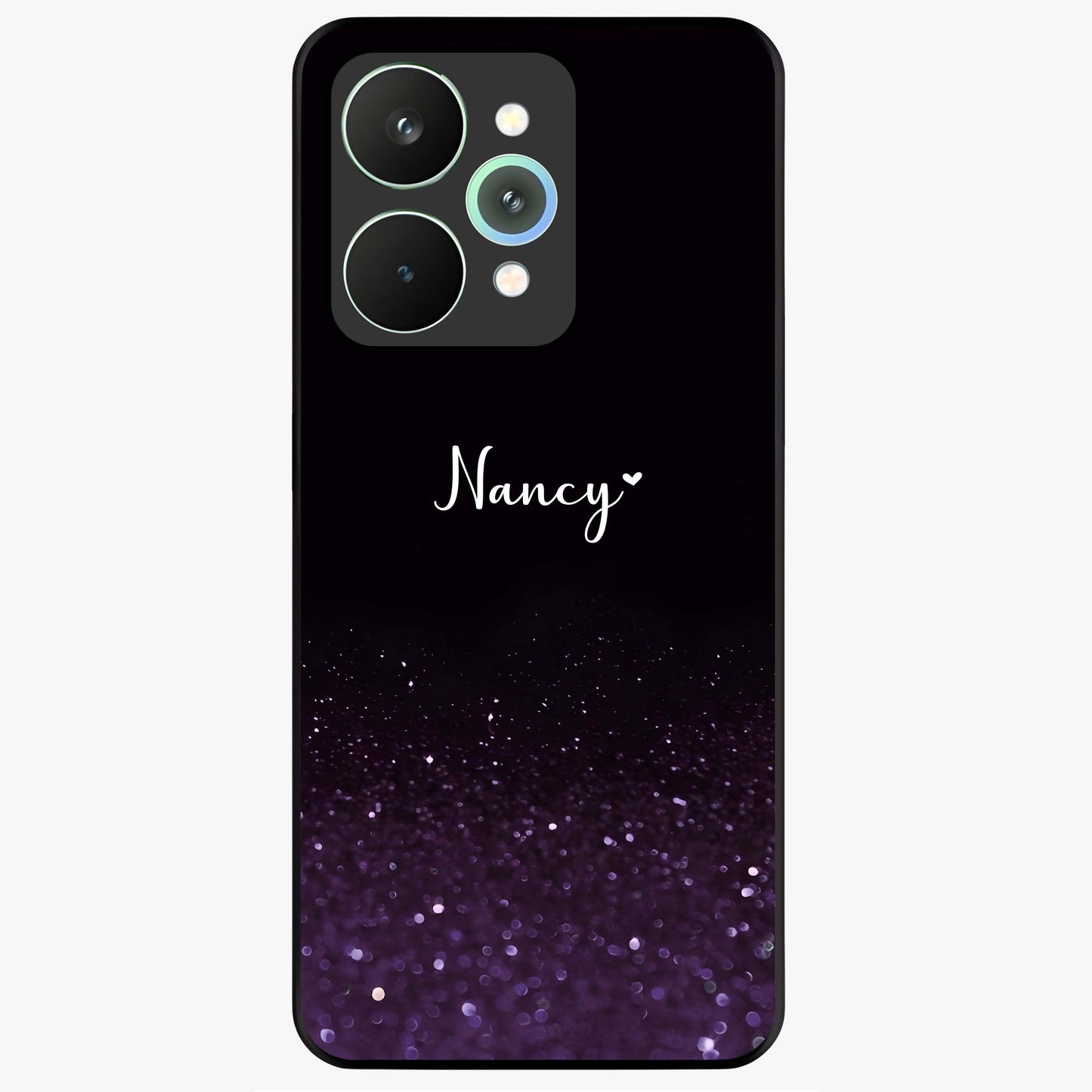Glittery Purple Bokeh Custom Name Glass Case showing flat back view with purple bokeh sparkle artwork and personalized name design.