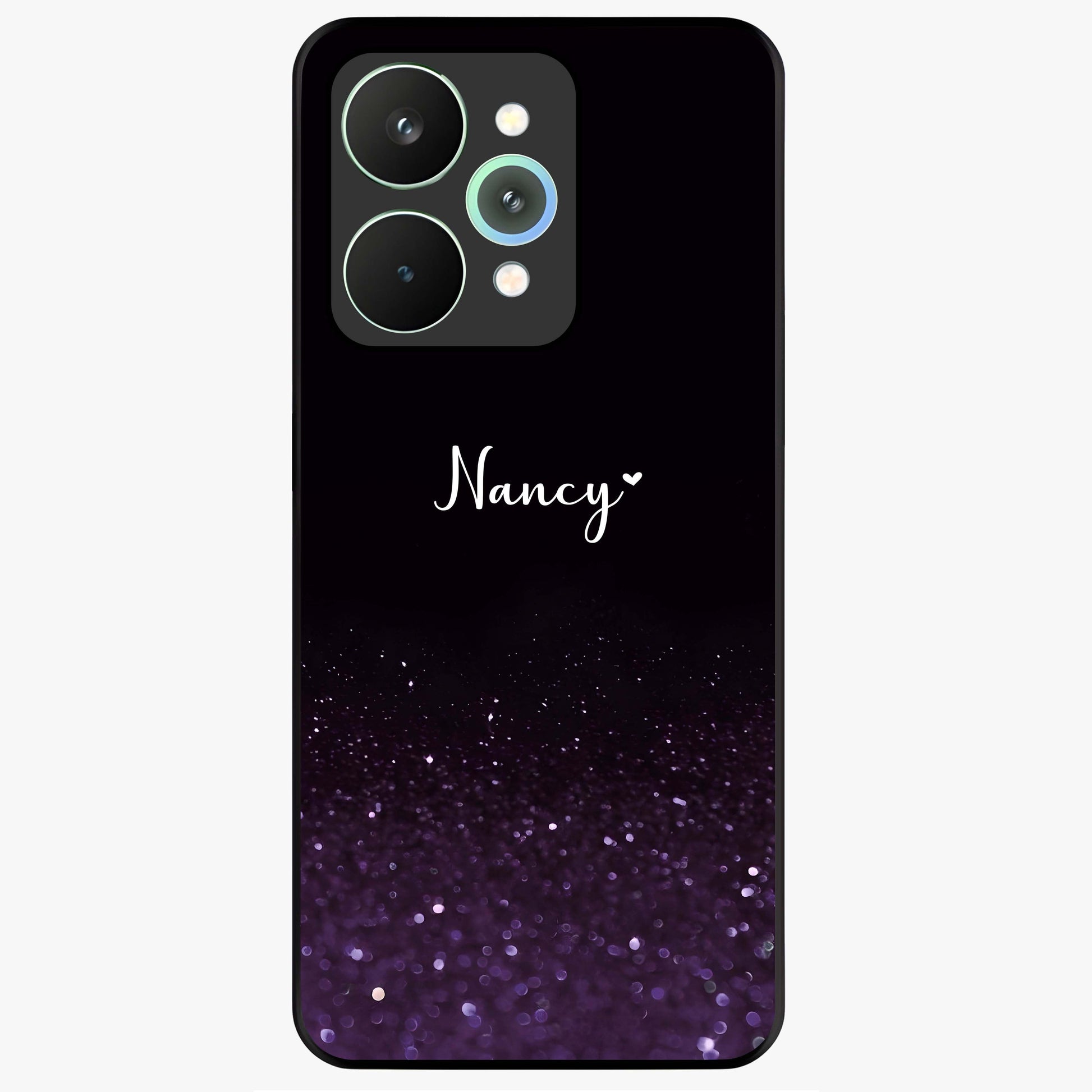 Glittery Purple Bokeh Custom Name Glass Case showing flat back view with purple bokeh sparkle artwork and personalized name design.