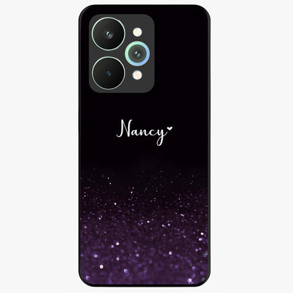 Glittery Purple Bokeh Custom Name Glass Case showing flat back view with purple bokeh sparkle artwork and personalized name design.