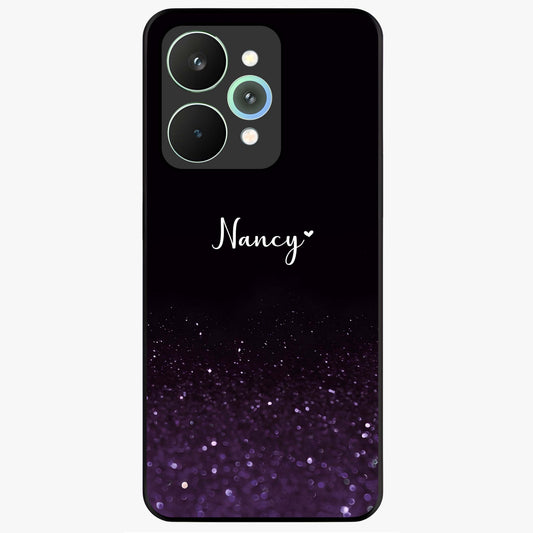Glittery Purple Bokeh Custom Name Glass Case showing flat back view with purple bokeh sparkle artwork and personalized name design.