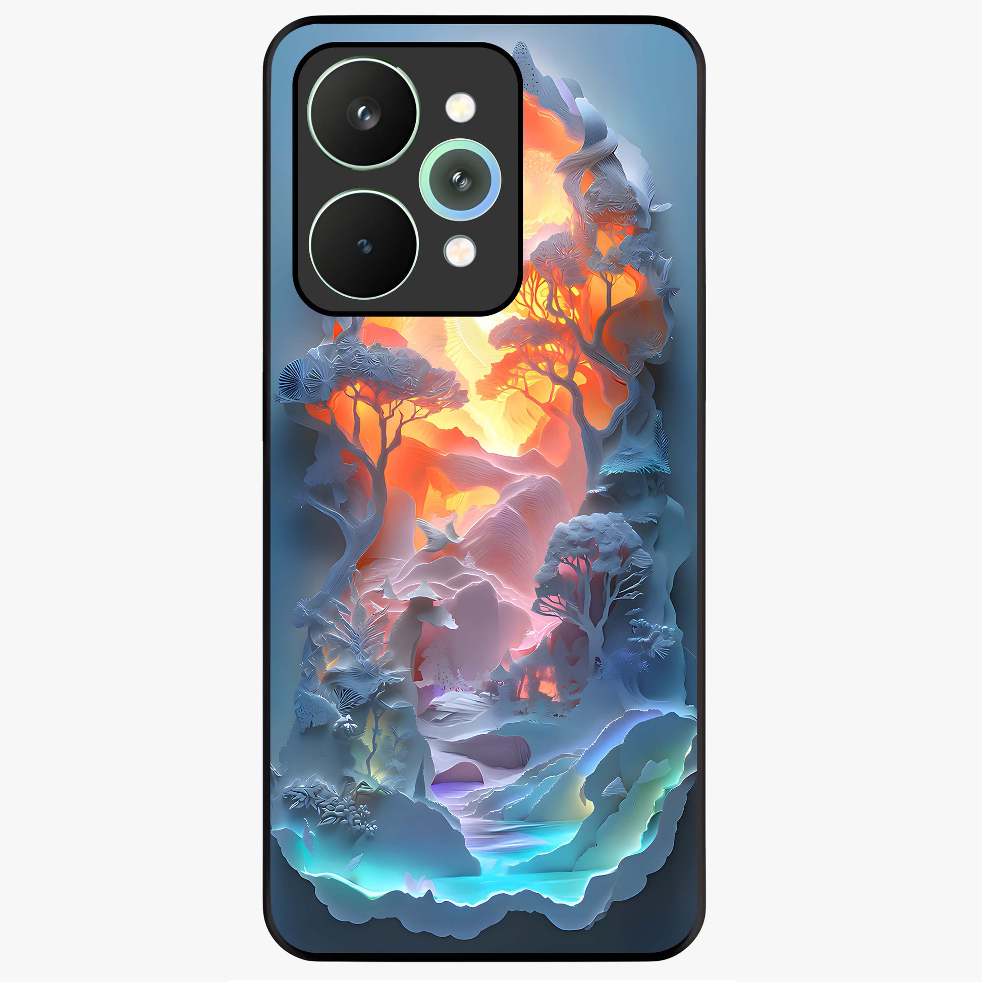 Glow Forest Portal Glass Case showing flat back view with glowing forest portal artwork and glossy glass finish.