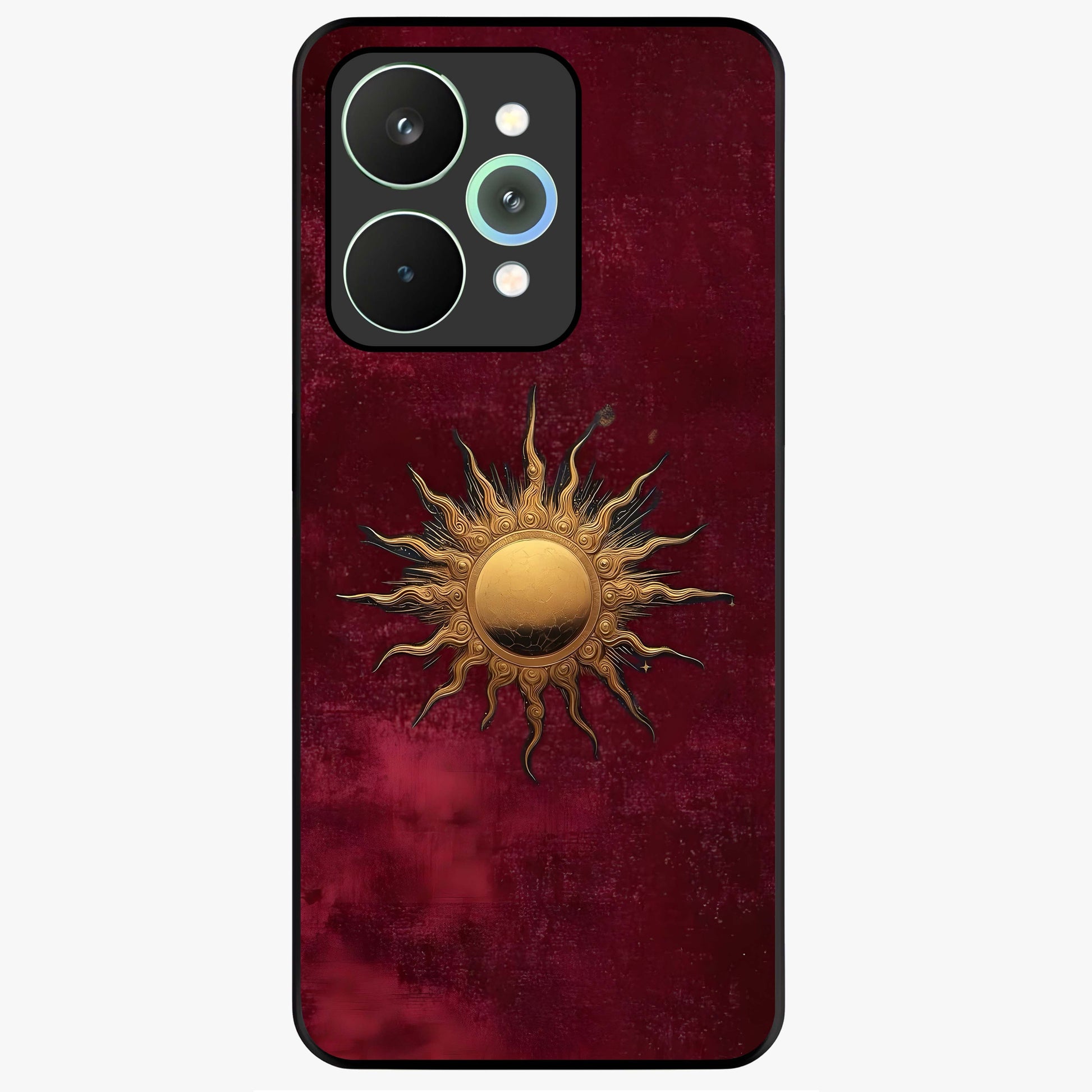 Gold Sun Blush Glass Case showing flat back view with golden sun inspired artwork and glossy glass finish.