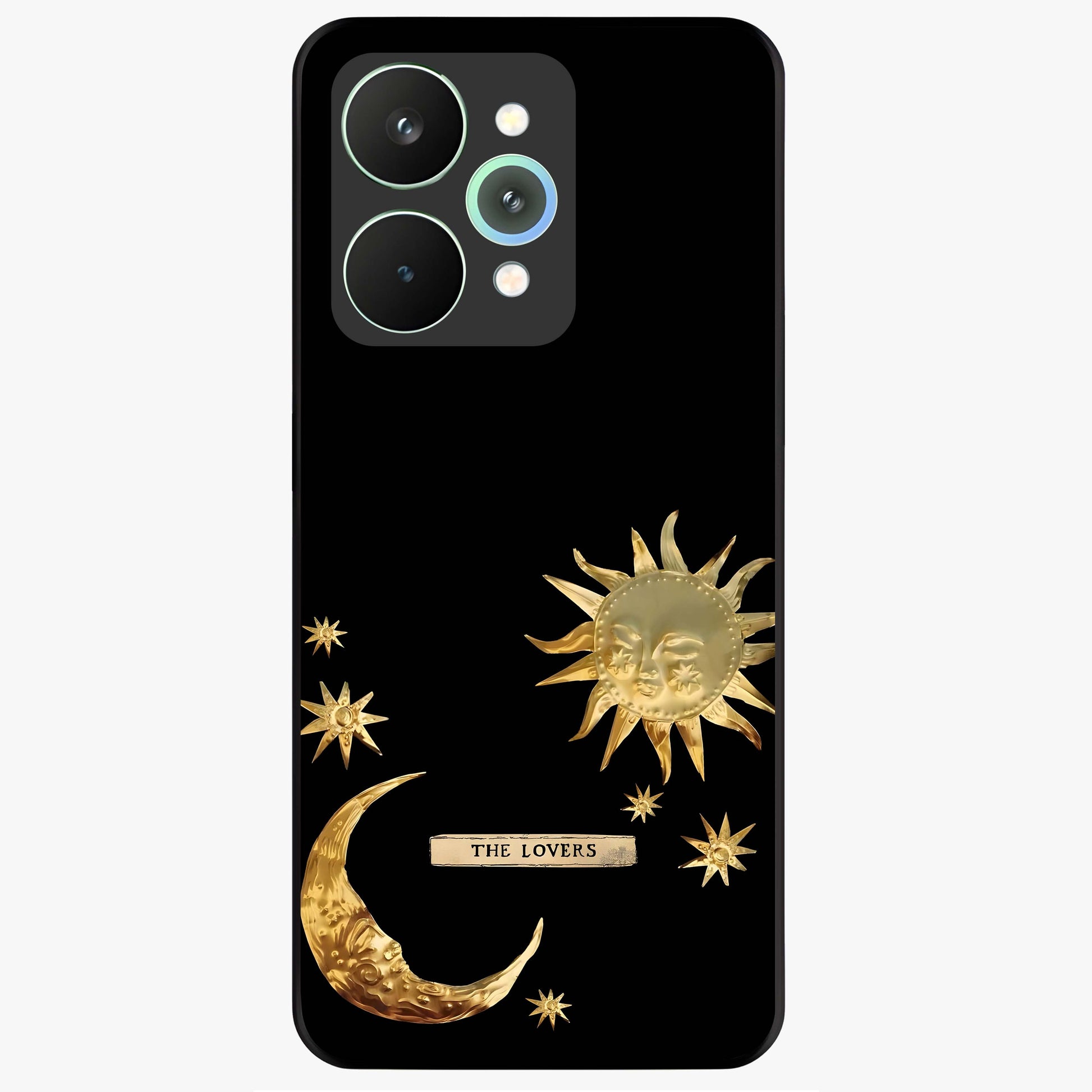 Golden Celestial Charm Glass Case showing flat back view with golden celestial charm artwork and glossy glass finish.