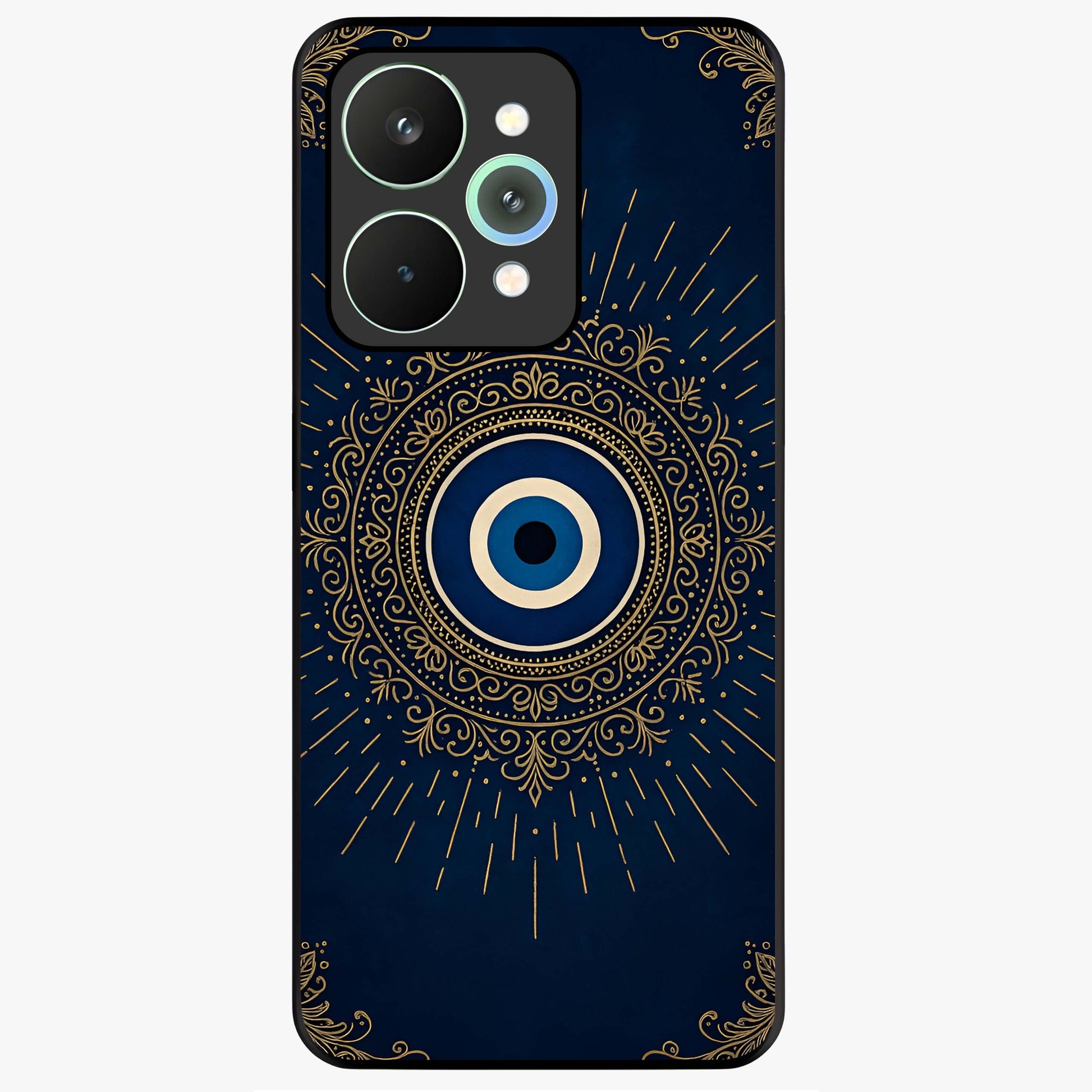 Golden Evil Eye Mandala Glass Case showing flat back view with intricate evil eye mandala artwork and glossy glass finish.