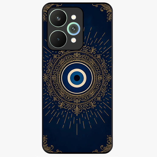 Golden Evil Eye Mandala Glass Case showing flat back view with intricate evil eye mandala artwork and glossy glass finish.