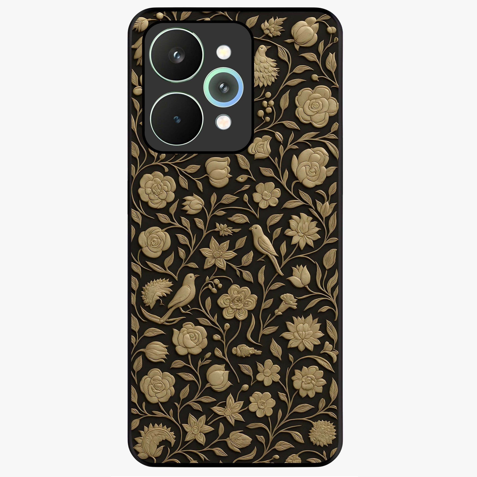 Golden Floral Majesty Glass Case showing flat back view with luxurious golden floral artwork and glossy glass finish.