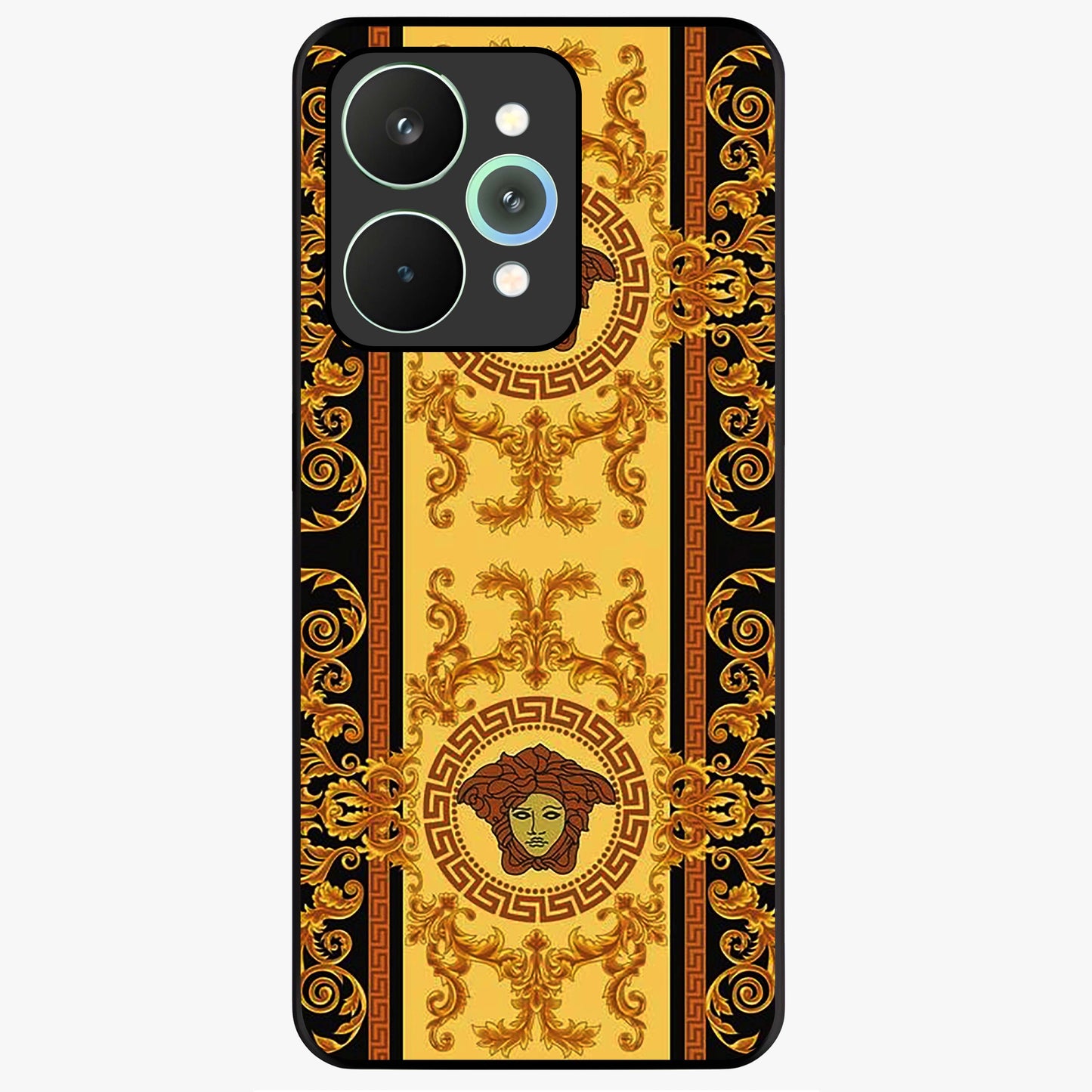 Golden Royal Heritage Glass Case showing flat back view with ornate royal pattern artwork and glossy glass finish.